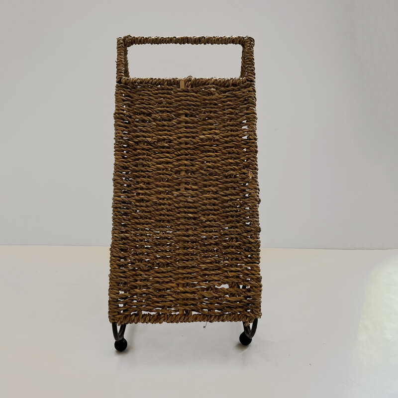 Vintage bottle holder in metal and wicker rope, Denmark 1970