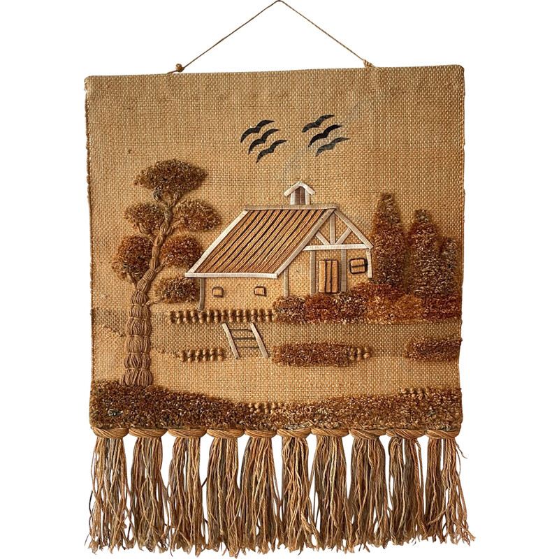 Vintage decoratief jute wandkleed, 1970