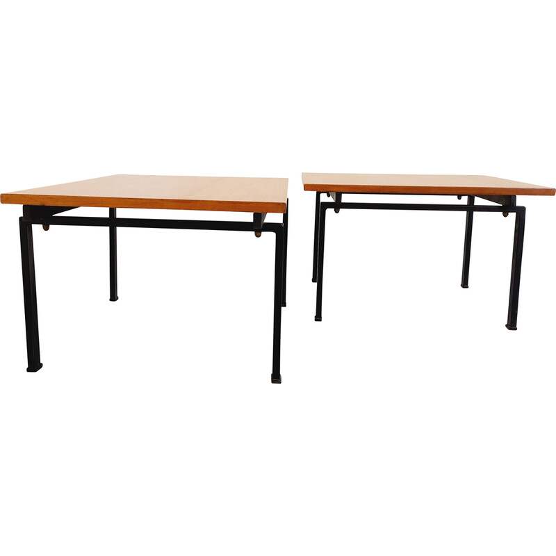 Pair of vintage Isa coffee tables in teak and black metal, Italy 1960