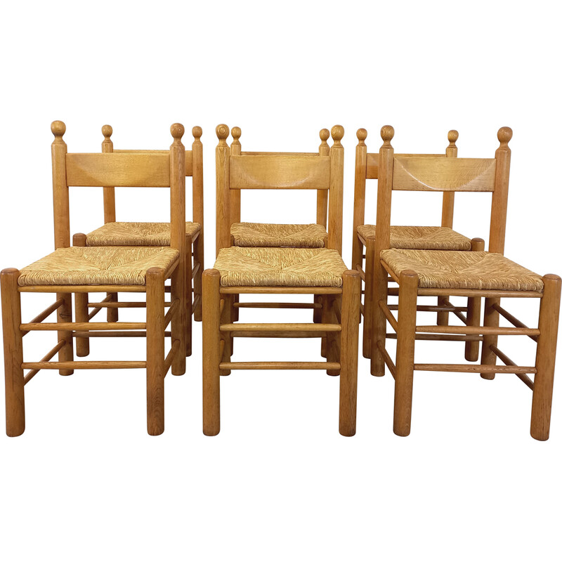 Set van 6 vintage brutalistische eiken stoelen, 1960