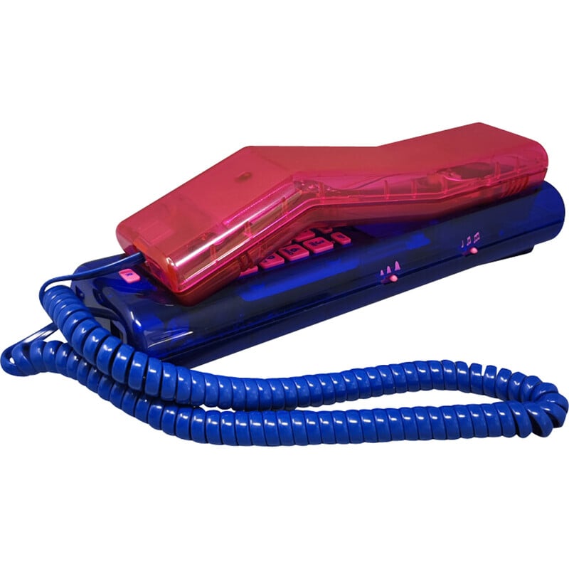 Téléphone jumelé vintage rose et bleu "Deluxe" avec boîte, 1990