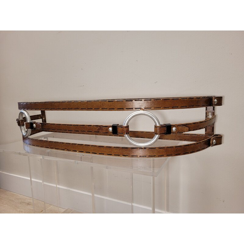 Vintage wrought iron floating console with glass top, France 1990