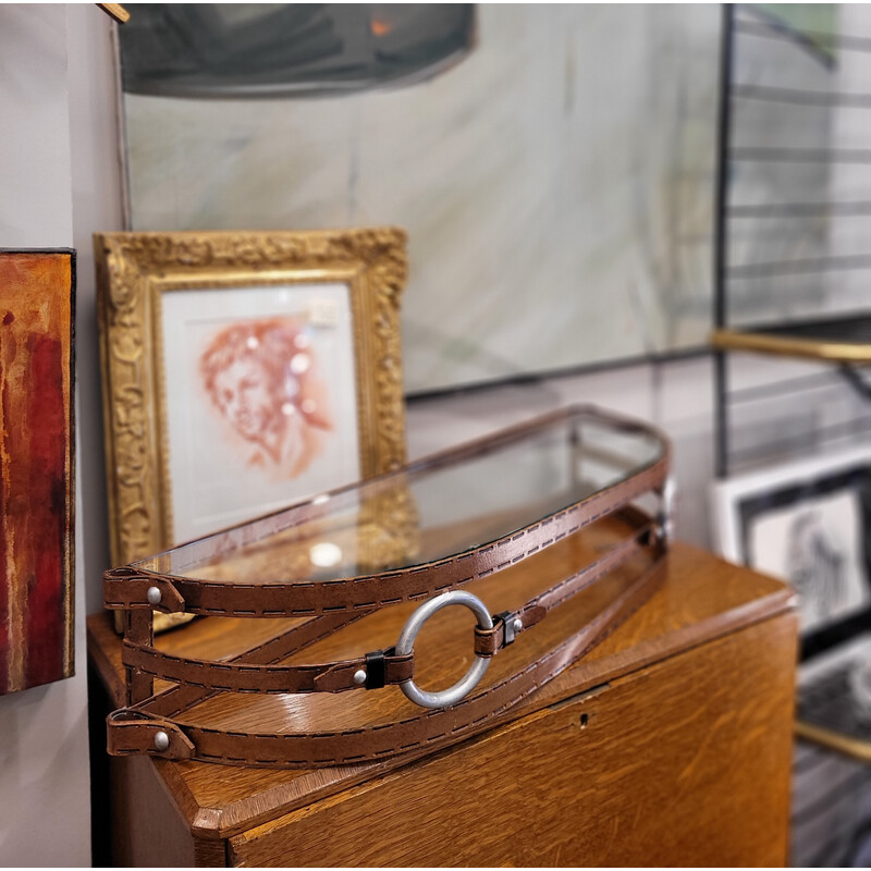 Vintage wrought iron floating console with glass top, France 1990