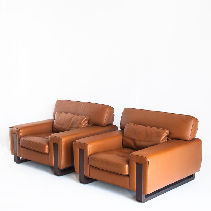 Pareja de sillones vintage de cuero y madera para Roche Bobois, Francia