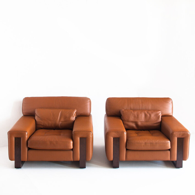 Ein Paar Vintage-Sessel aus Leder und Holz für Roche Bobois, Frankreich