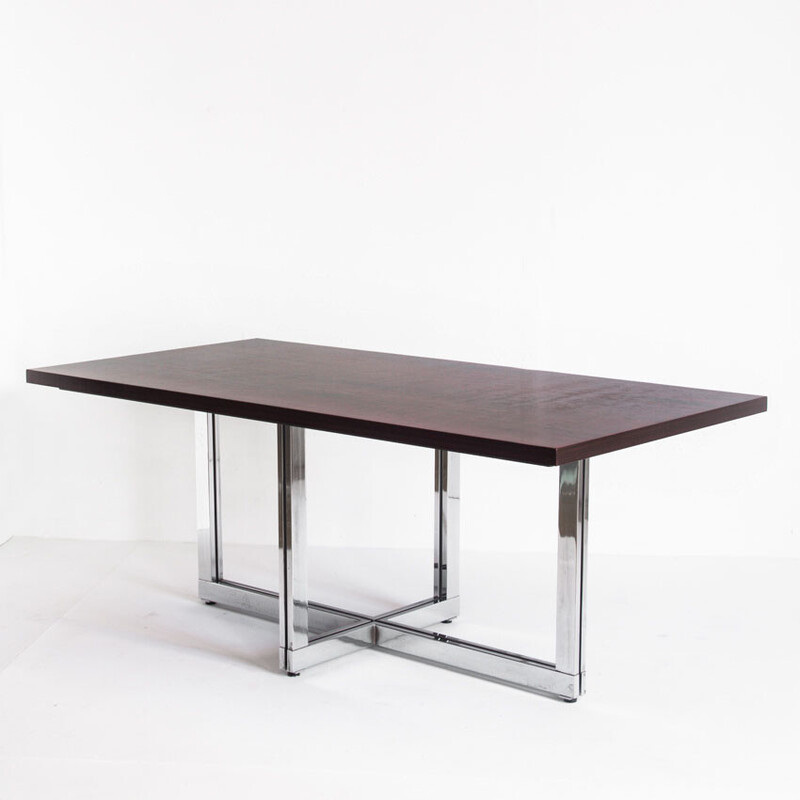 Vintage table in chromed metal and rosewood, Spain 1970