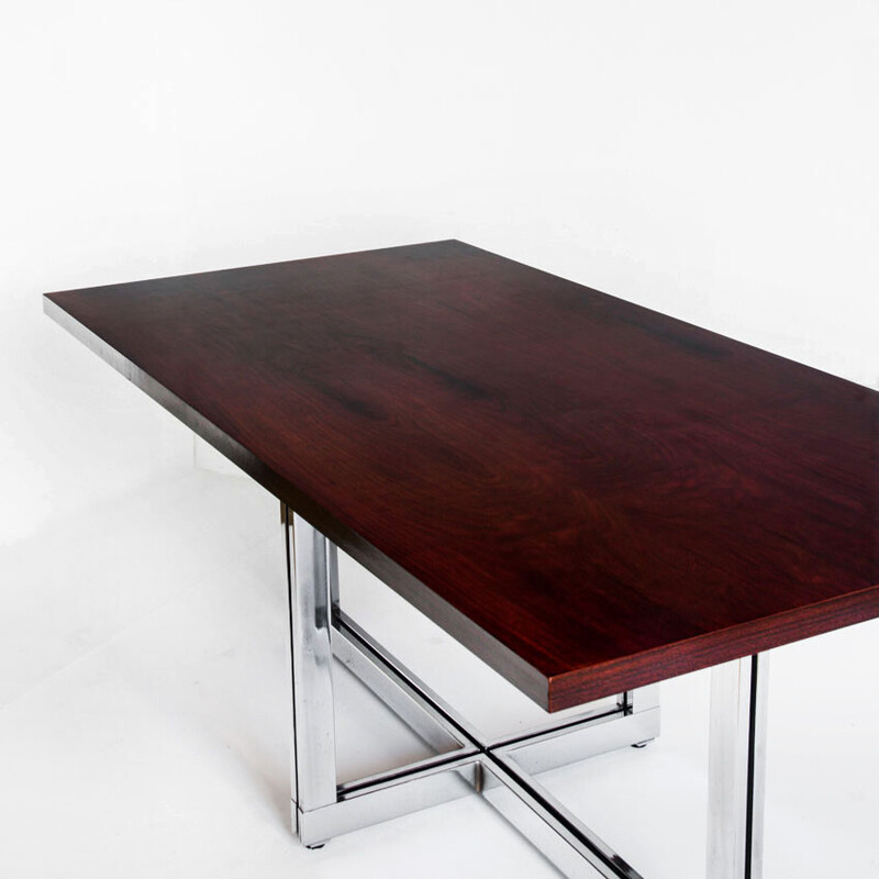 Vintage table in chromed metal and rosewood, Spain 1970