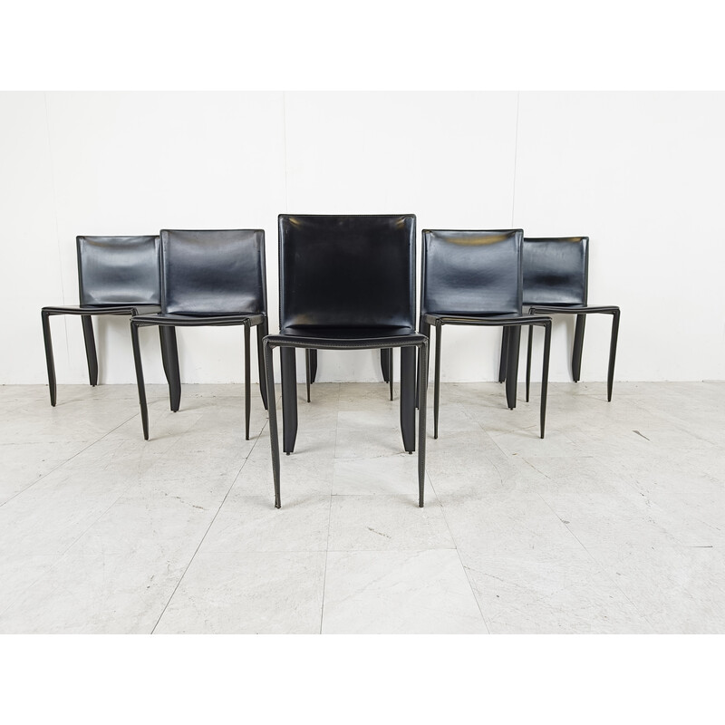 Ensemble de 6 chaises vintage en cuir noir par Cattelan, Italie 1980