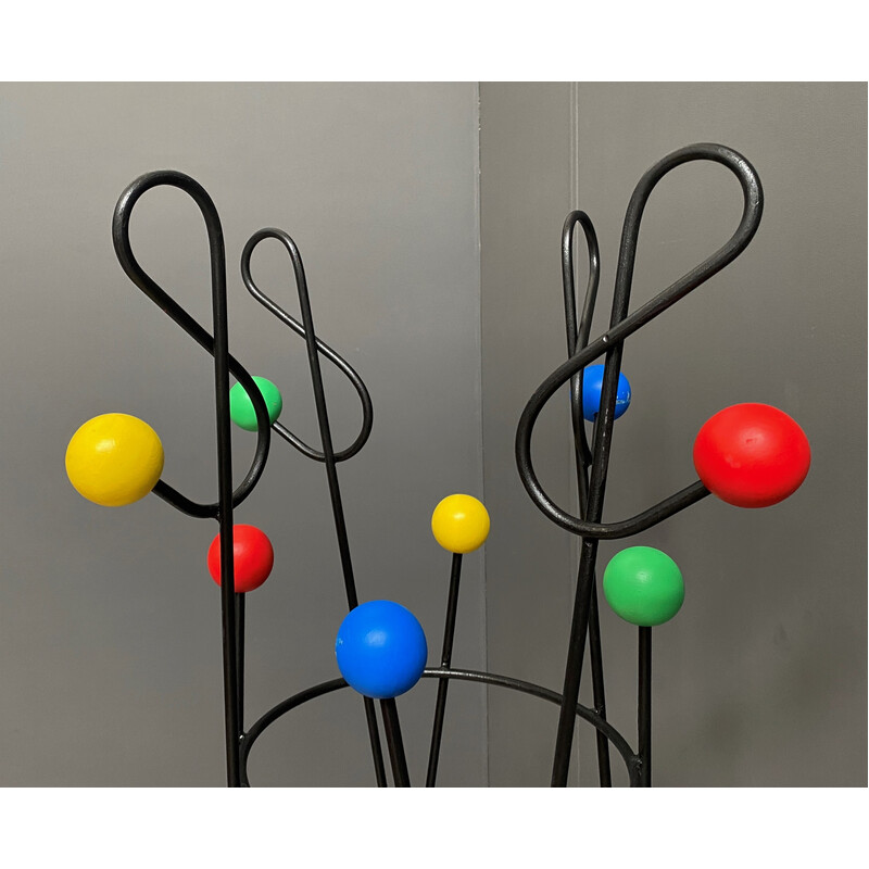 Vintage iron coat rack with wooden balls by Roger Ferraud, 1950