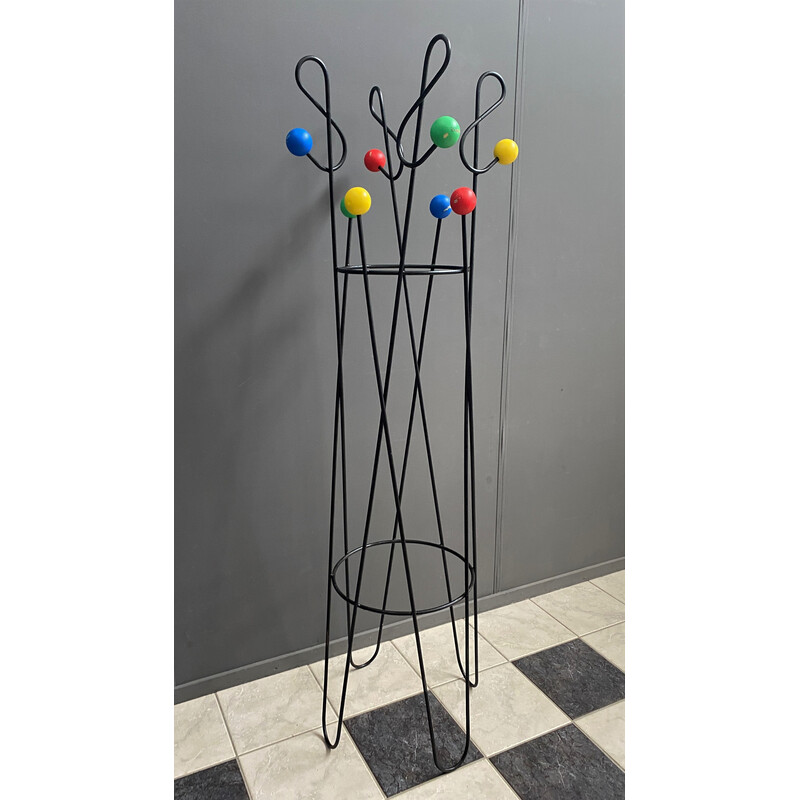 Vintage iron coat rack with wooden balls by Roger Ferraud, 1950