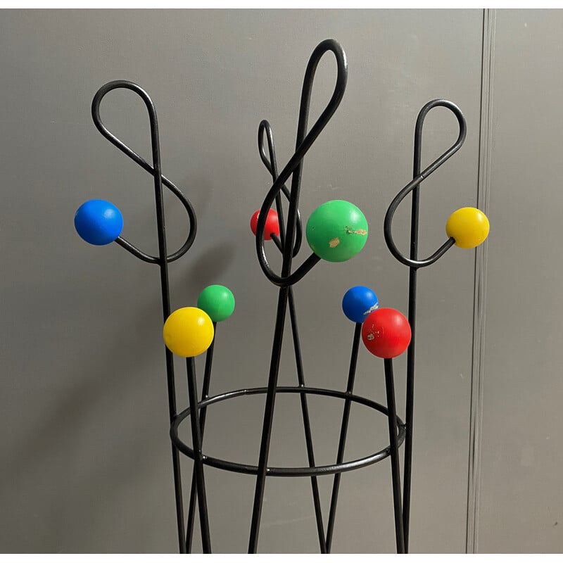 Vintage iron coat rack with wooden balls by Roger Ferraud, 1950