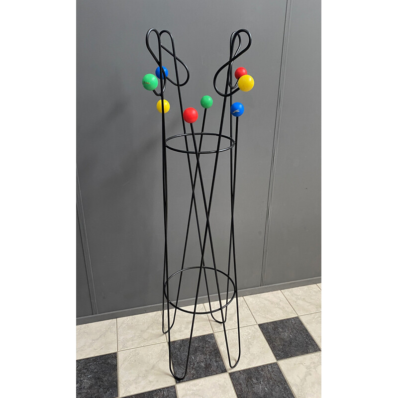 Vintage iron coat rack with wooden balls by Roger Ferraud, 1950