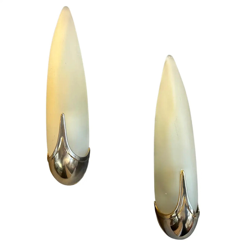 Pair of vintage metal and oblong glass wall sconces, Italy 1940