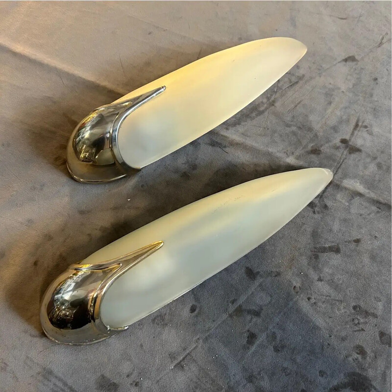 Pair of vintage metal and oblong glass wall sconces, Italy 1940
