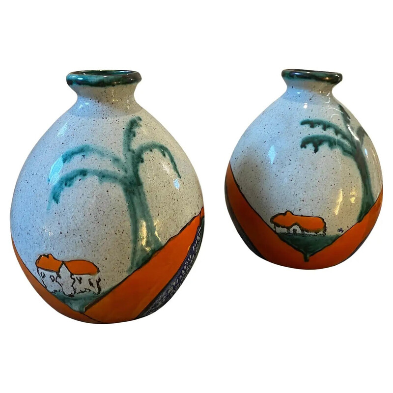 Pareja de jarrones vintage de cerámica pintada de Ceramique De Bruxelles, 1970