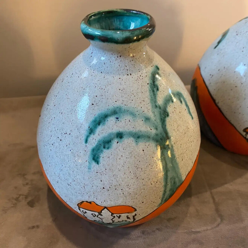 Par de vasos de cerâmica pintados vintage da Ceramique De Bruxelles, 1970