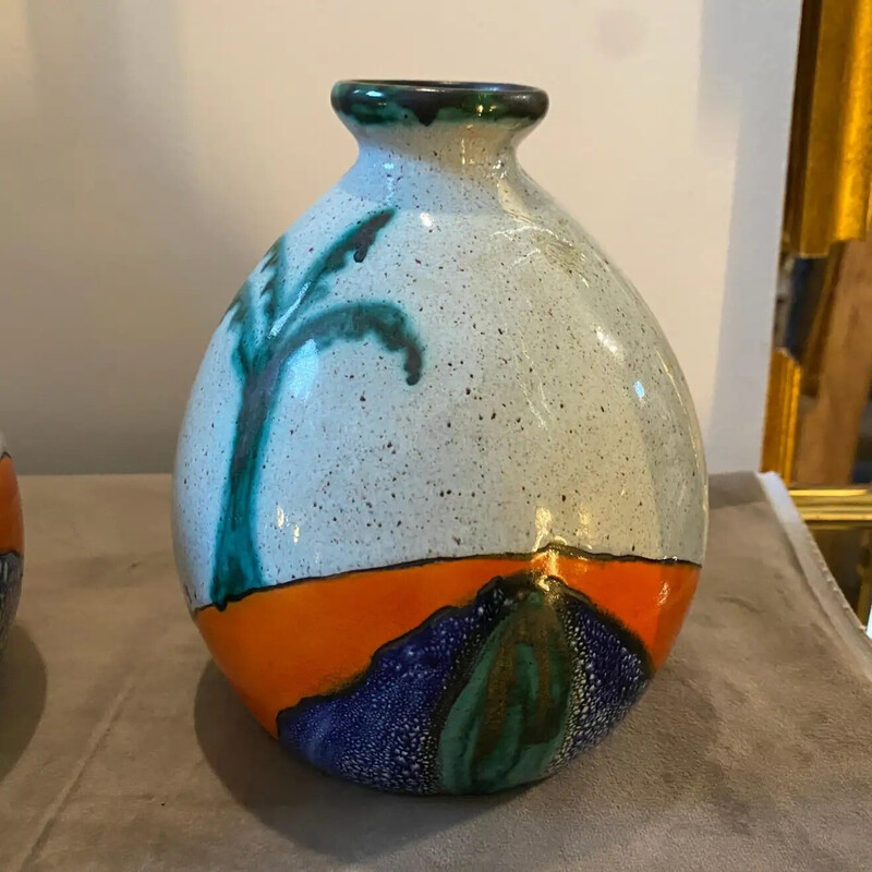 Paire de vases vintage en céramique peints par Ceramique De Bruxelles, 1970