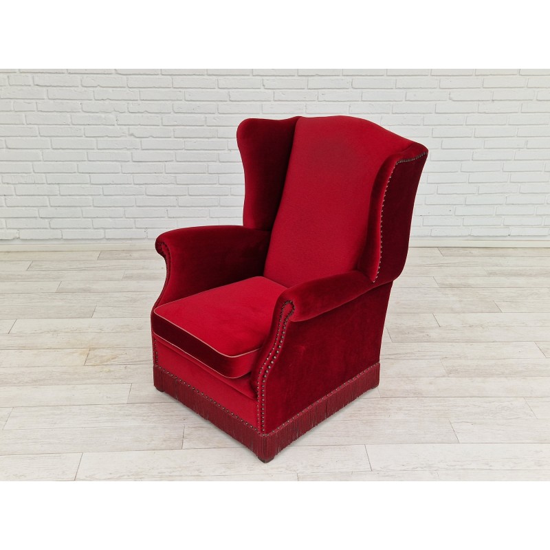 Vintage red velvet and beechwood armchair, 1960-1970