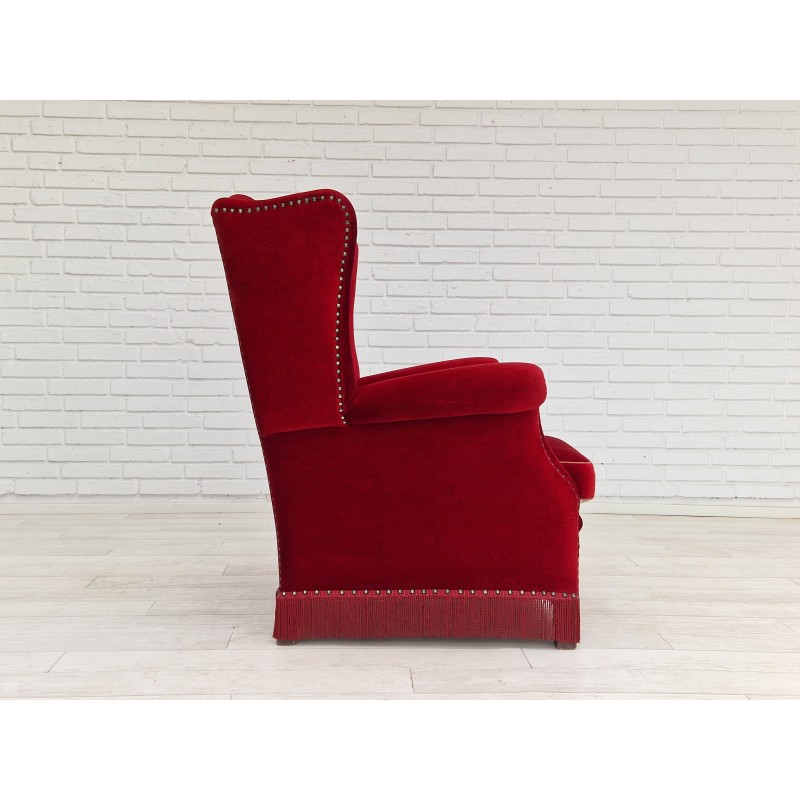 Vintage red velvet and beechwood armchair, 1960-1970