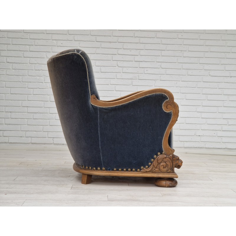 Vintage Danish art deco relax armchair in ocean blue velour