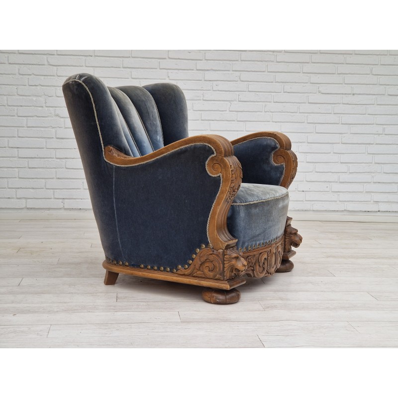 Vintage Deense art deco relax fauteuil in oceaanblauw velours