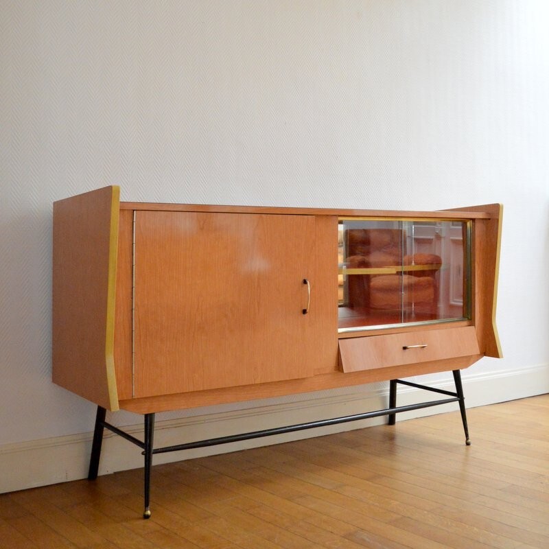 Brown highboard in wood and metal - 1950s