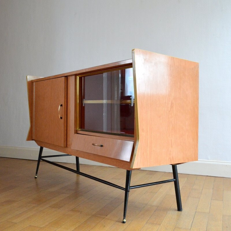 Brown highboard in wood and metal - 1950s