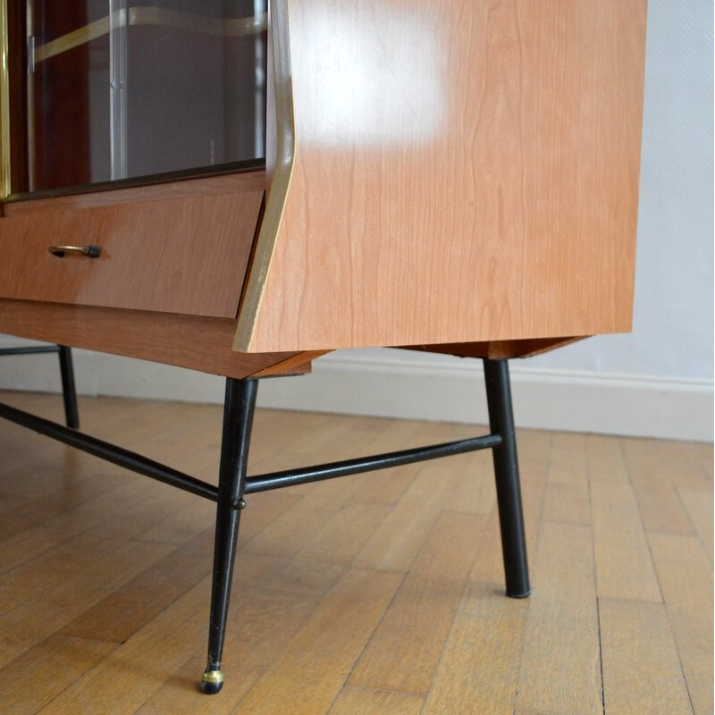 Brown highboard in wood and metal - 1950s