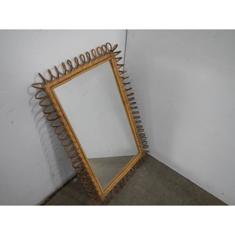 Vintage wicker and plywood mirror, 1970