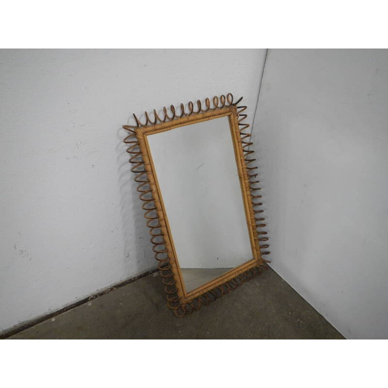 Vintage wicker and plywood mirror, 1970