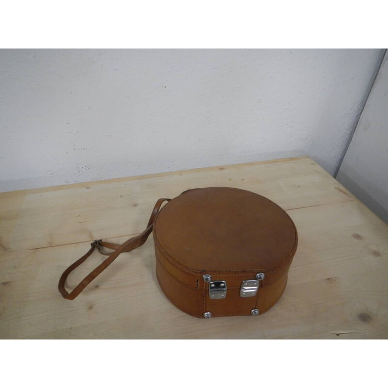 Vintage leather container case with shoulder strap, 1980