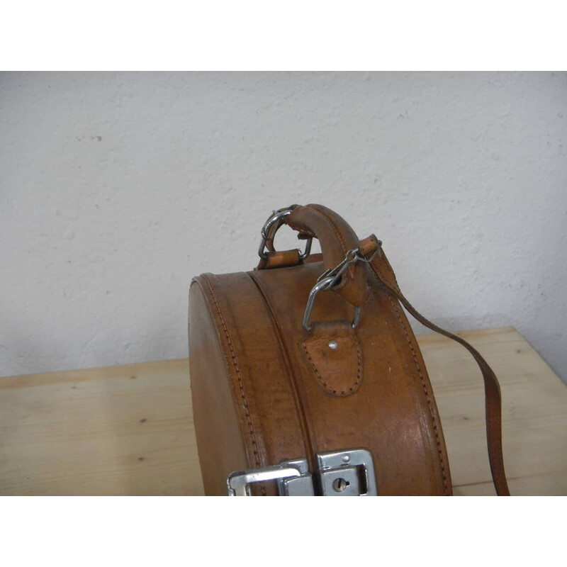 Vintage leather container case with shoulder strap, 1980