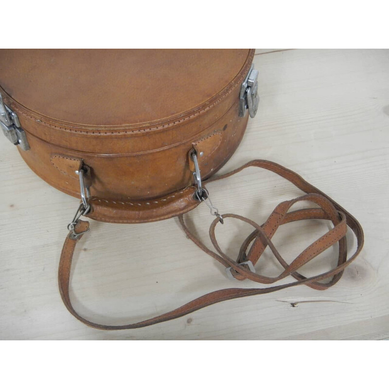 Vintage leather container case with shoulder strap, 1980