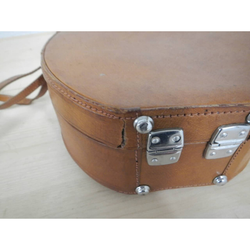 Vintage leather container case with shoulder strap, 1980