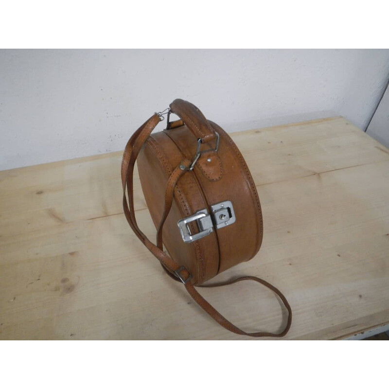 Vintage leather container case with shoulder strap, 1980