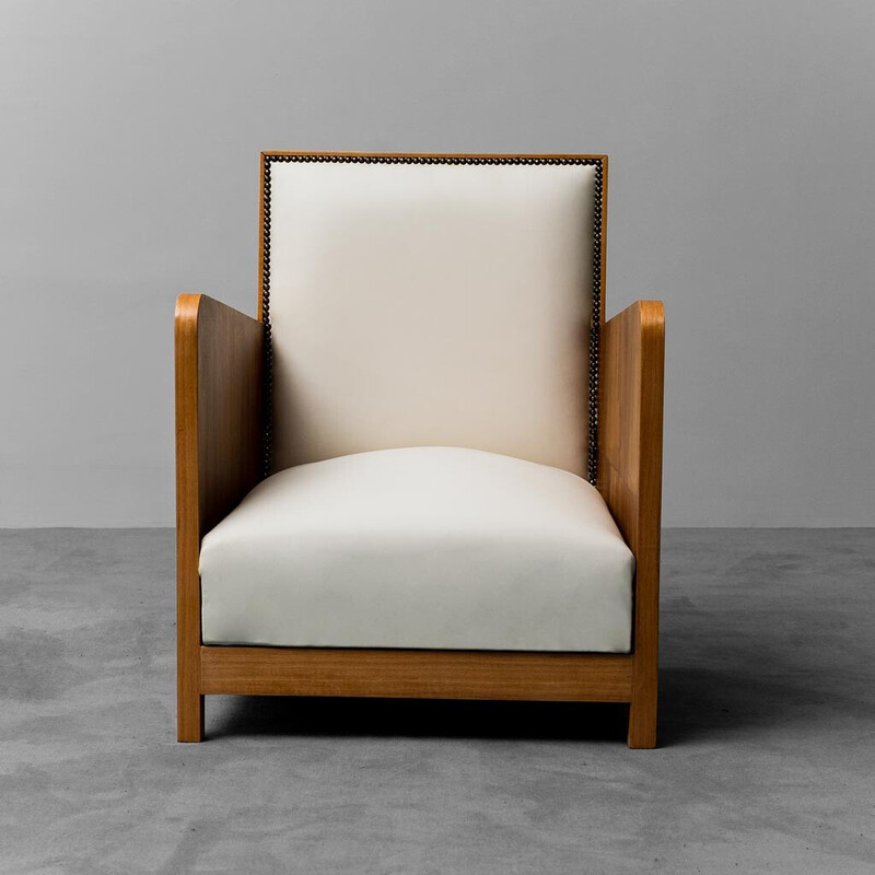 Pair of vintage wooden and leather armchairs, 1940