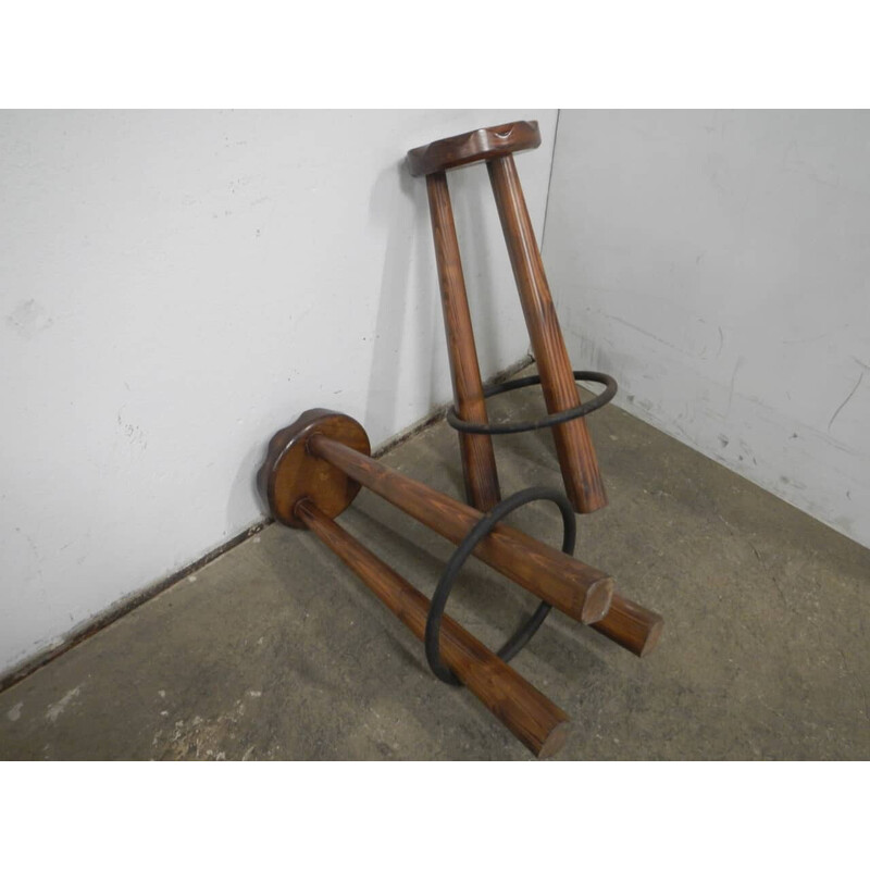 Pair of vintage rustic fir wood stools, 1980