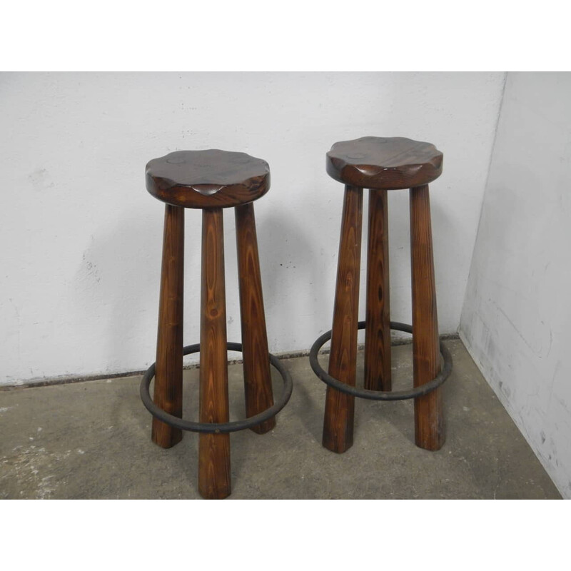 Pair of vintage rustic fir wood stools, 1980