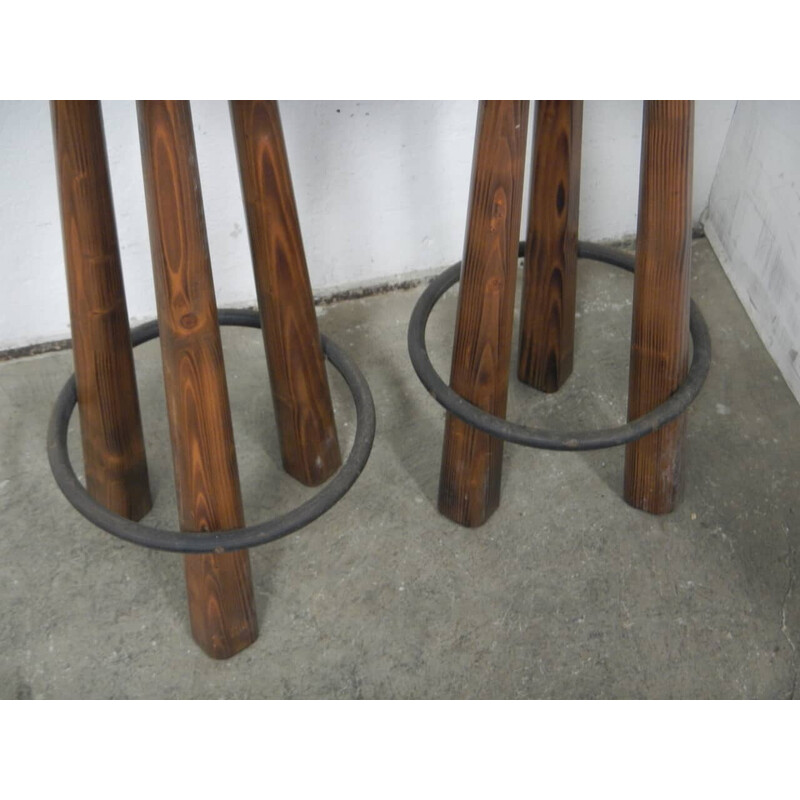 Pair of vintage rustic fir wood stools, 1980