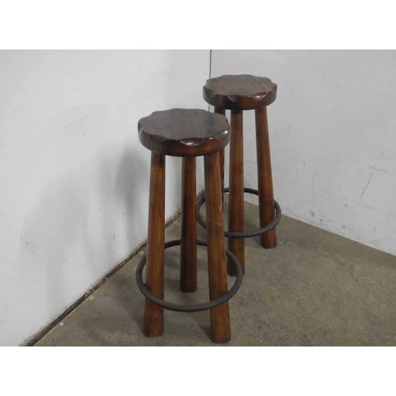Pair of vintage rustic fir wood stools, 1980