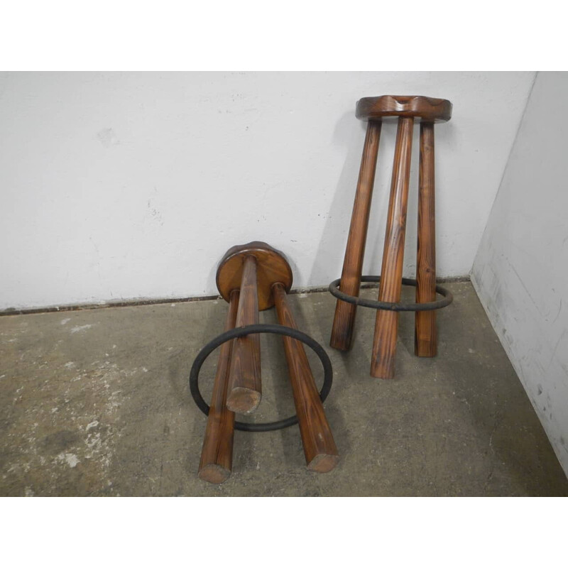 Pair of vintage rustic fir wood stools, 1980