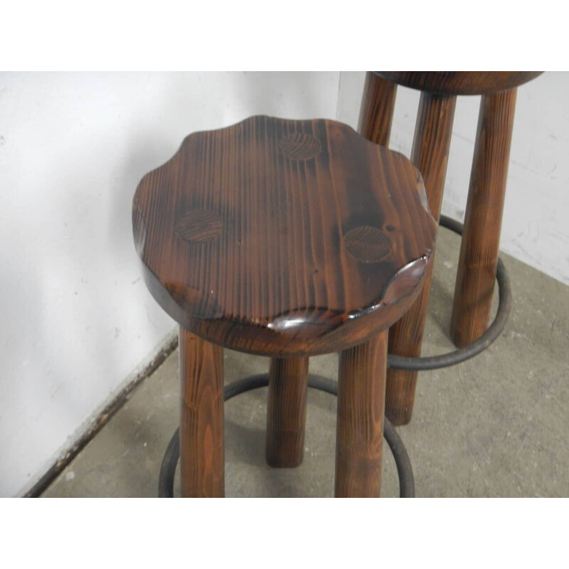 Pair of vintage rustic fir wood stools, 1980