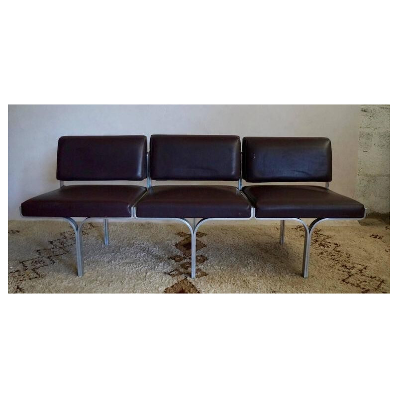 Brown bench in steel and leatherette by John Behringer  - 1960s