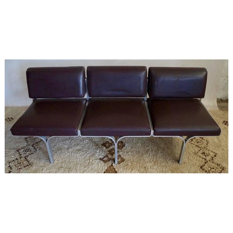 Brown bench in steel and leatherette by John Behringer  - 1960s