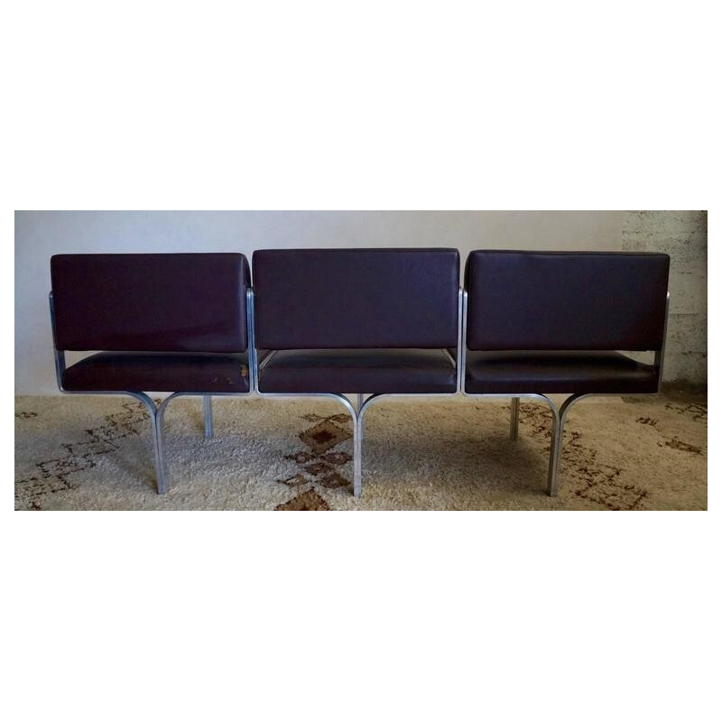 Brown bench in steel and leatherette by John Behringer  - 1960s