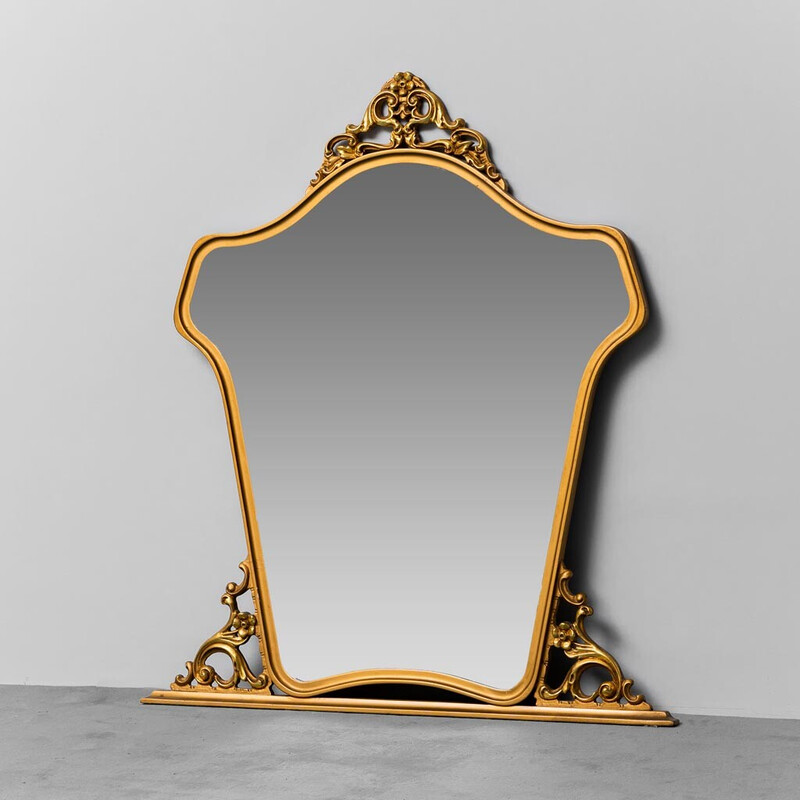 Espelho de parede vintage com moldura de madeira dourada, 1950