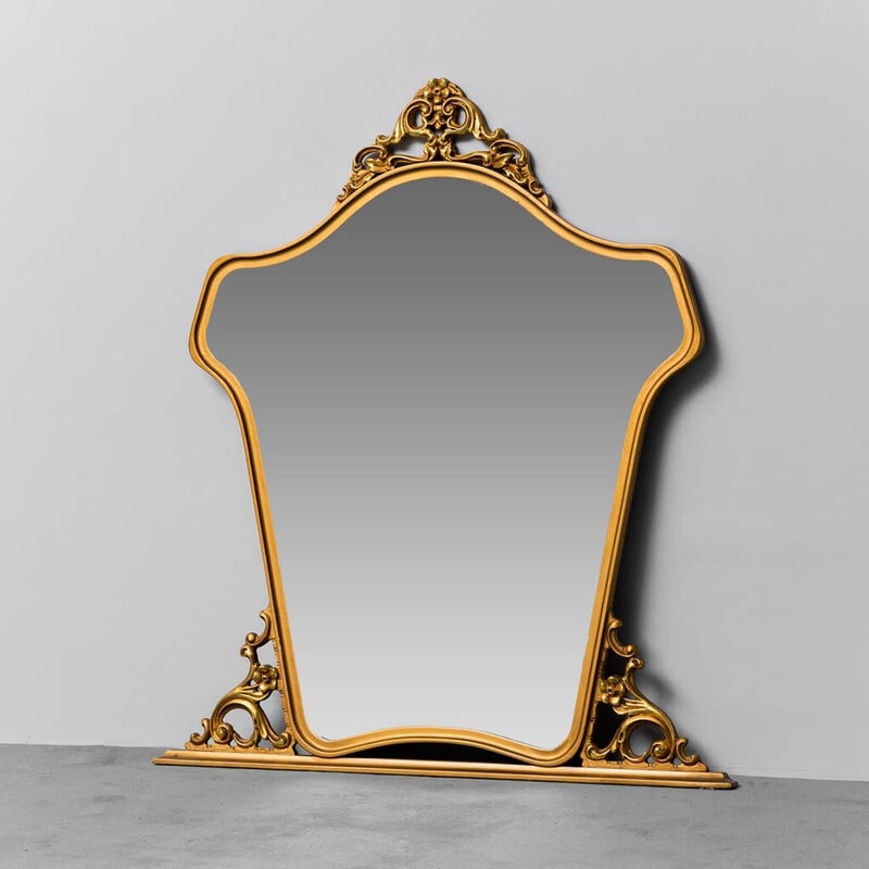 Specchio da parete vintage con cornice in legno dorato, 1950