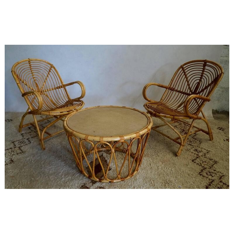 Set of 4 rattan armchairs - 1970s