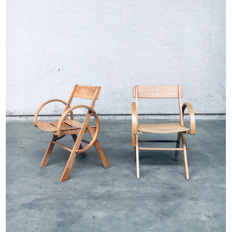 Paar vintage Franse handgemaakte eikenhouten fauteuils, Frankrijk 1950