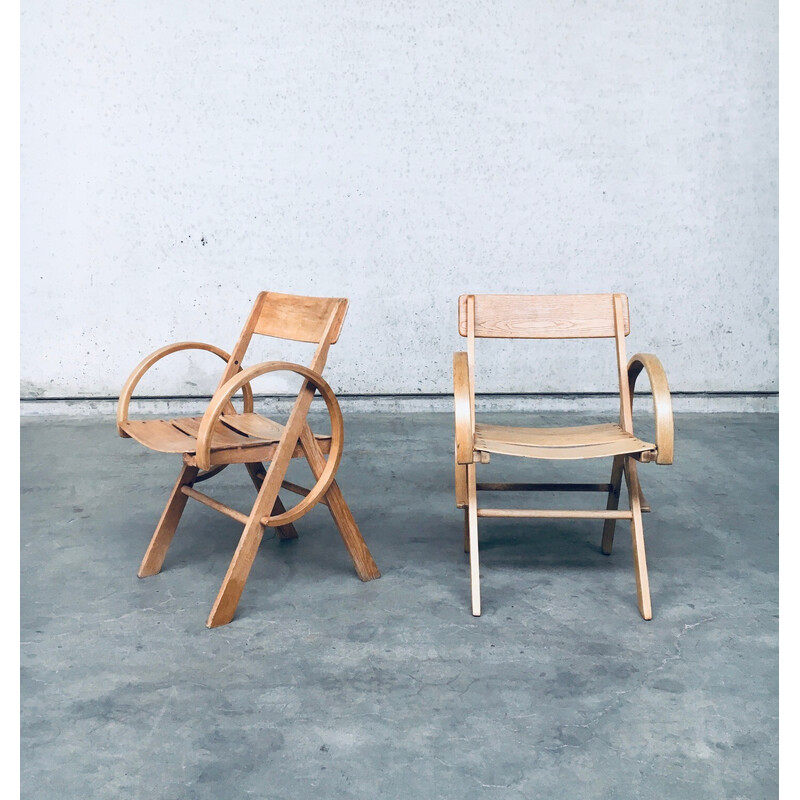 Pair of vintage French handmade oakwood armchairs, France 1950s